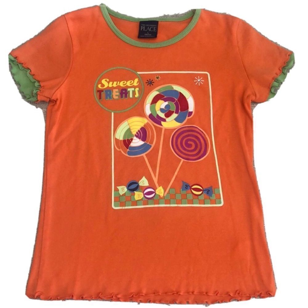 The Children’s Place Sweet Treats Graphic Top Girls L 10/12 Orange Ruffle Trim